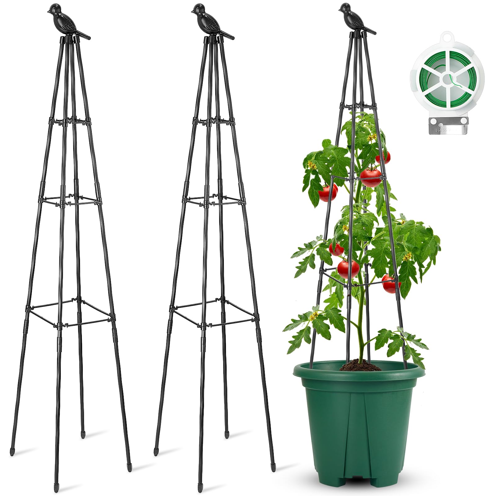 Pack of 3, Garden Trellis for Climbing Plants Outdoor, 4ft Rustproof Teepee Plant Support Cage for Tomato Vines Flowers, Black