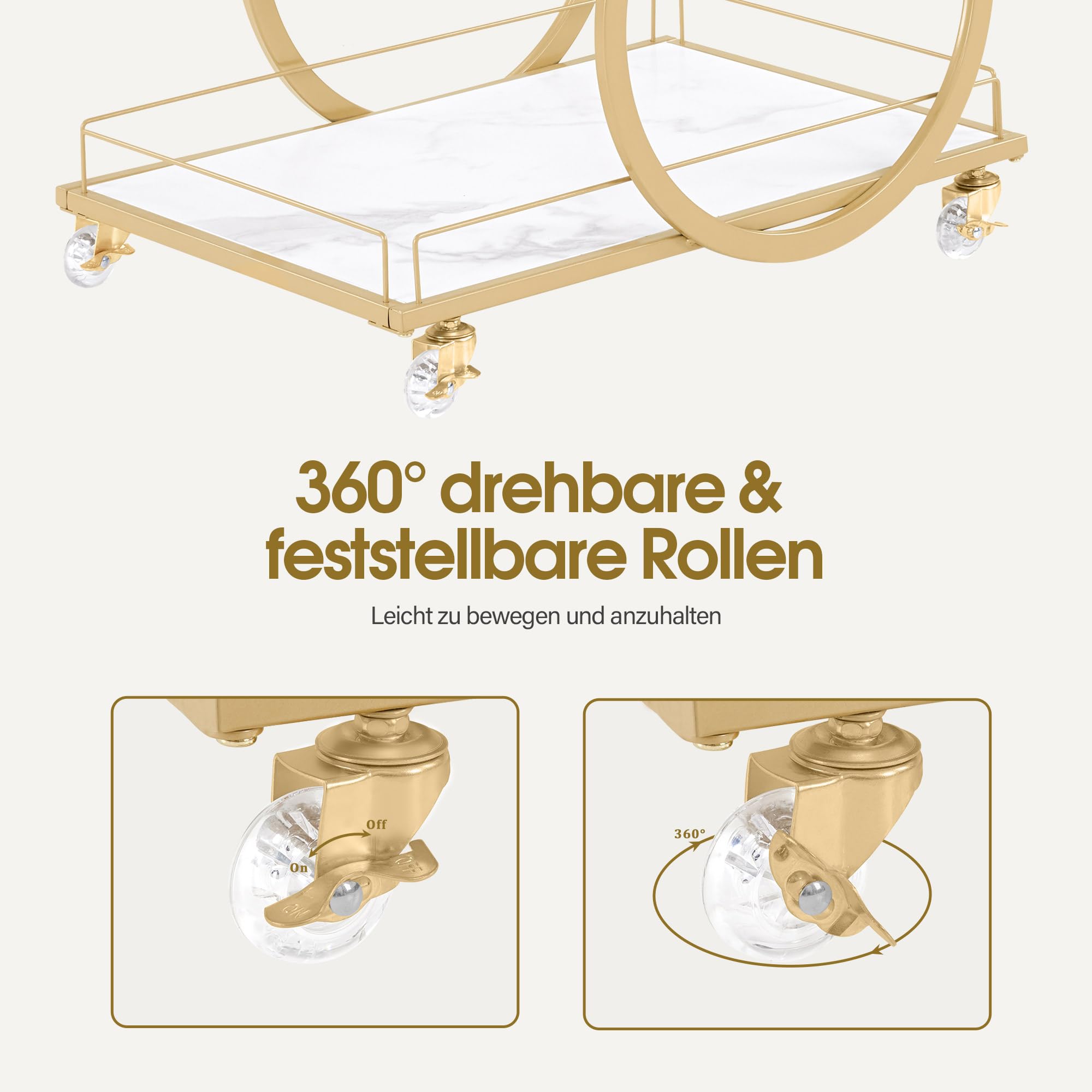 Barberpub Servierwagen mit Rollen, Küchenwagen Barwagen Metallgestell Weiß-Gold, Modern Rollwagen Mehrzweckwagen mit 3 Ebenen, für Küche, Bad, Wohnzimmer, Nagelstudio, 65x43x70, 0074