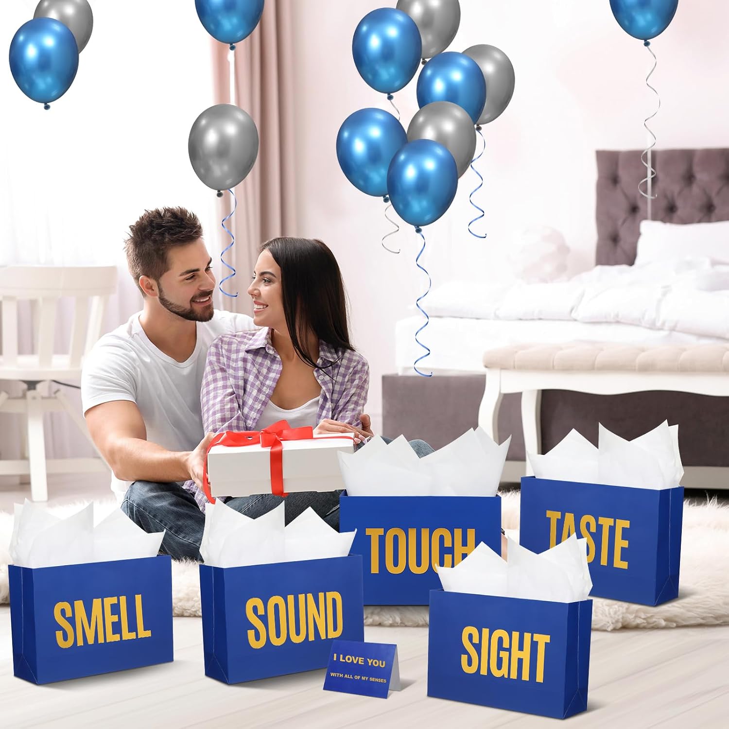 Soulchen 5 Senses Gift Bags for Him Her with Labels, Five Senses Gift Birthday Party Decoration Tissue Paper Handles, Comes with Rose Petals Banner Balloons for Party(Birthday,Blue Gold)