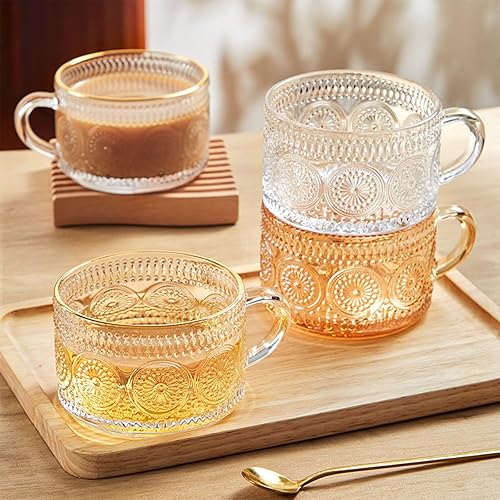 Miniatura 6 de MFACOY Juego de 2 tazas de café vintage, tazas de té de vidrio de 14 onzas con asa, tazas de vidrio en relieve ámbar para capuchino, latte,