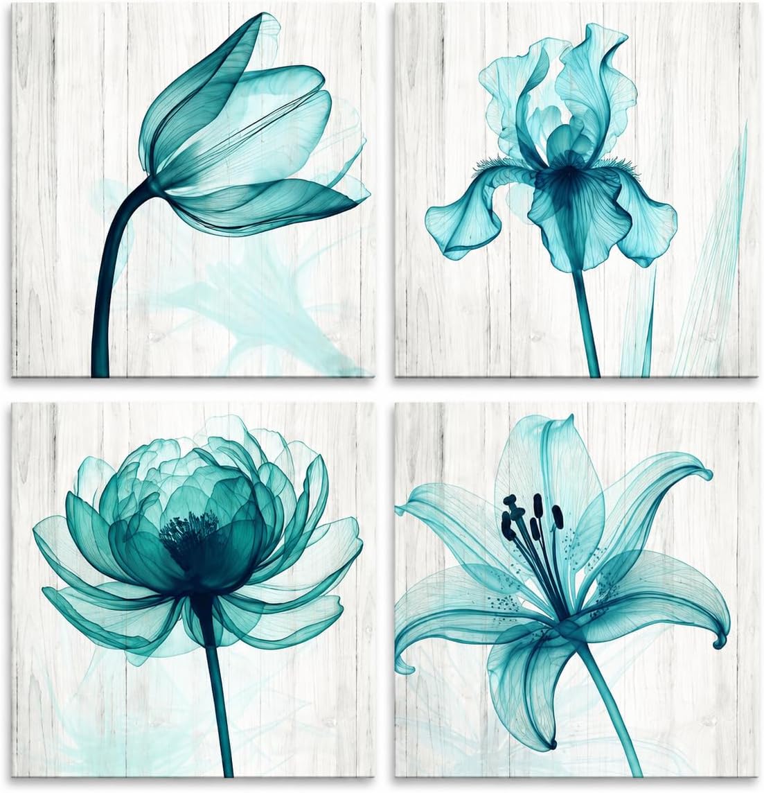 Artiluxy Teal Botanical Wall Art Set of 4, 12x12 Inch Floral Canvas Wall Art, Modern Turquoise Flower Prints for Bathroom Bedroom Living Room Office Decor, Ready to Hang Nature Wall Decor