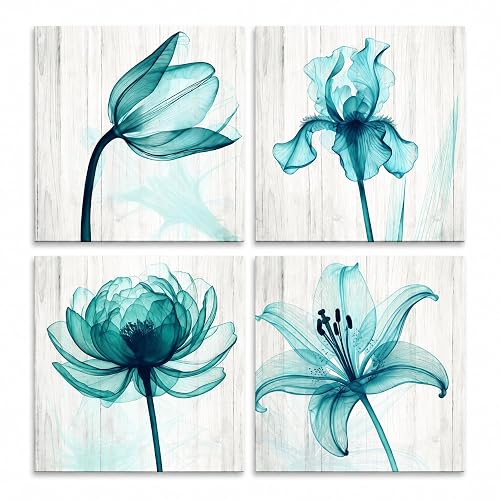 Artiluxy Teal Botanical Wall Art Set of 4, 12x12 Inch