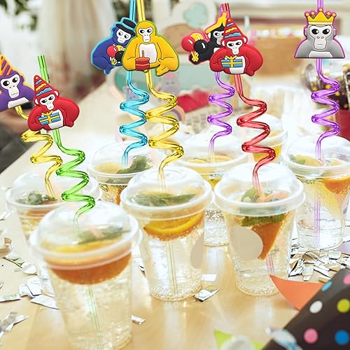 Miniatura 7 de 24 popotes de plástico reutilizables con temática de juego Gori-lla para fiestas de cumpleaños, con 2 cepillos de limpieza para fiestas temáticas de