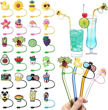 Irenare 24 Pcs Straw Covers Caps Reusable Silicone Toppers Tips Lids Splash Proof Plugs for 6-8 mm Straws Summer Beach Party Favors Home Kitchen AccessoriesVivid Style