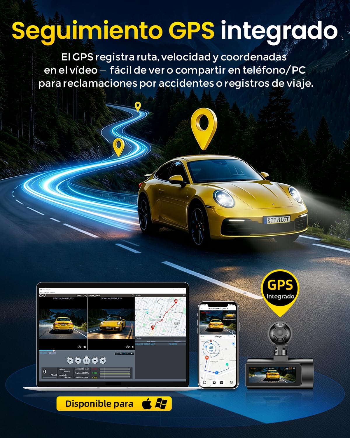 GKU Dashcam para Coche Delantero Trasero, 4K con STARVIS 2, Pantalla IPS de 3", WiFi 6, GPS, grabación en Bucle, pregrabación en Caso de colisión, Compatible con hasta 512 GB | 3" Pantalla IPS, WiFi 6, GPS, grabación en bucle, grabación precolisión, sopor