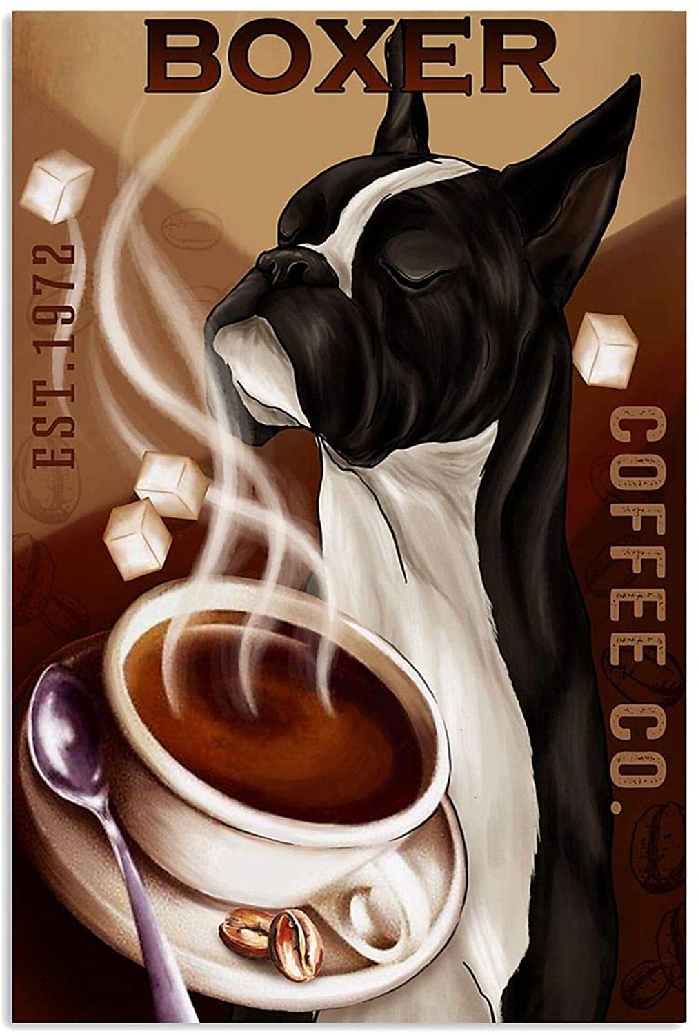 peiyeety Metal Tin Sign Vintage Boxer Dog Coffee Co Art, Retro Coffee Themed Wall Decor, Funny Pet Metal Art for Kitchen, Dining Room, Bar, Cafe,8x12 Inch