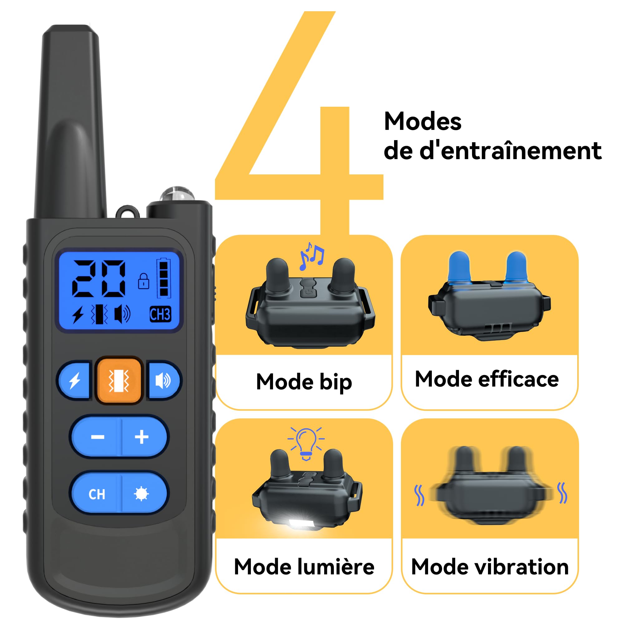 Meloive Collier de Dressage pour Chiens Rechargeable,Portée de 3000m,avec Mode Vibration,Son,Choc Statique et Lumière,IPX67 Résistant à L’Eau,Adapté Aux Chiens de Petites et Moyennes Tailles,Noir