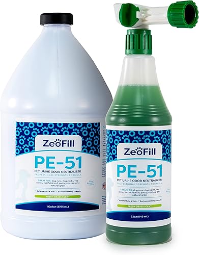 ZEOFILL PE-51 Paquete económico  Botella pulverizadora de manguera de jardín de 1 galón y 32 onzas  Eliminador de olores de mascotas y jardín