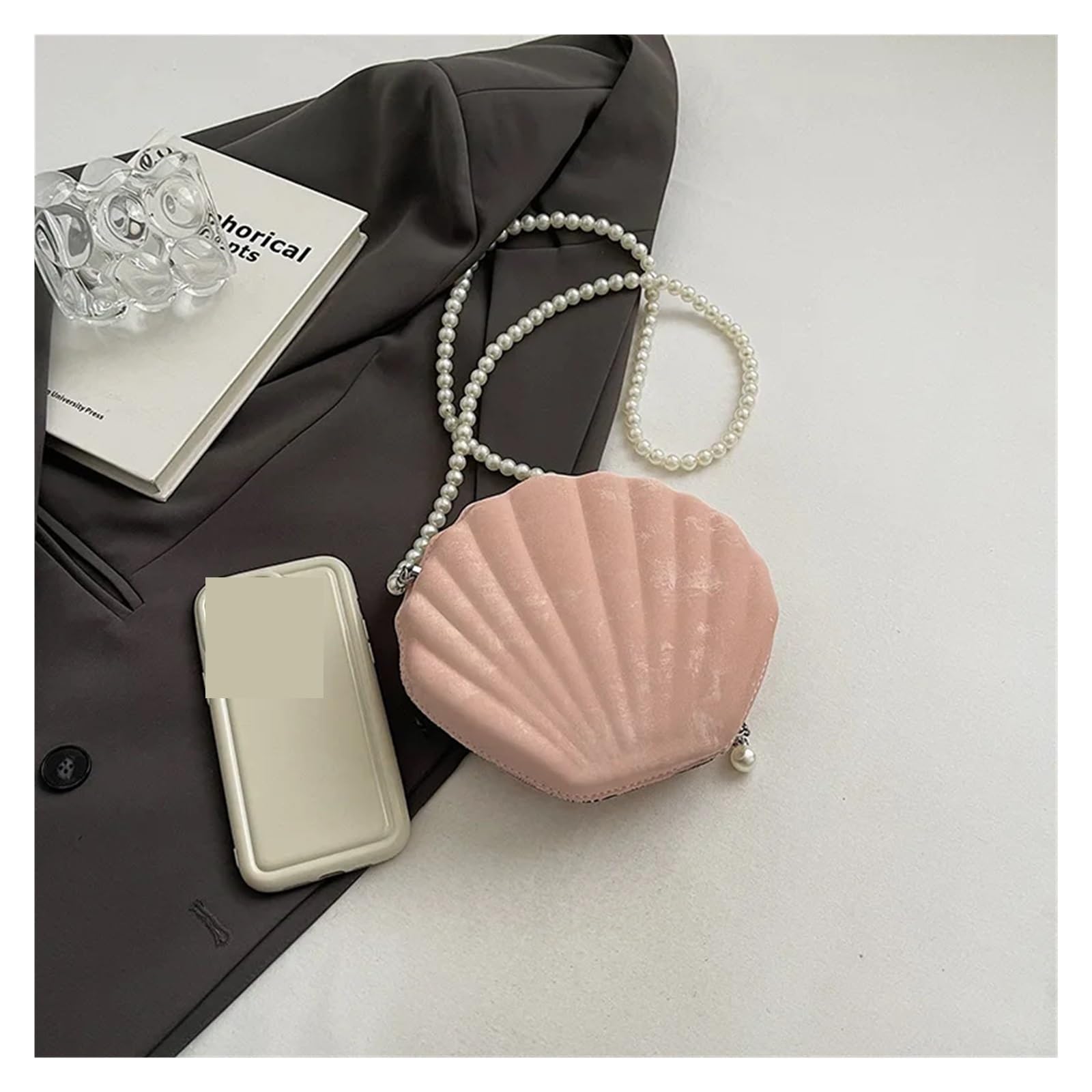 Conchiglia Borsa A Tracolla Singola Borsa da donna in velluto con texture tinta unita, borsa da sera con conchiglia, pochette con catena di perle, borse a tracolla da donna Adatta Per Matrimoni e Fest