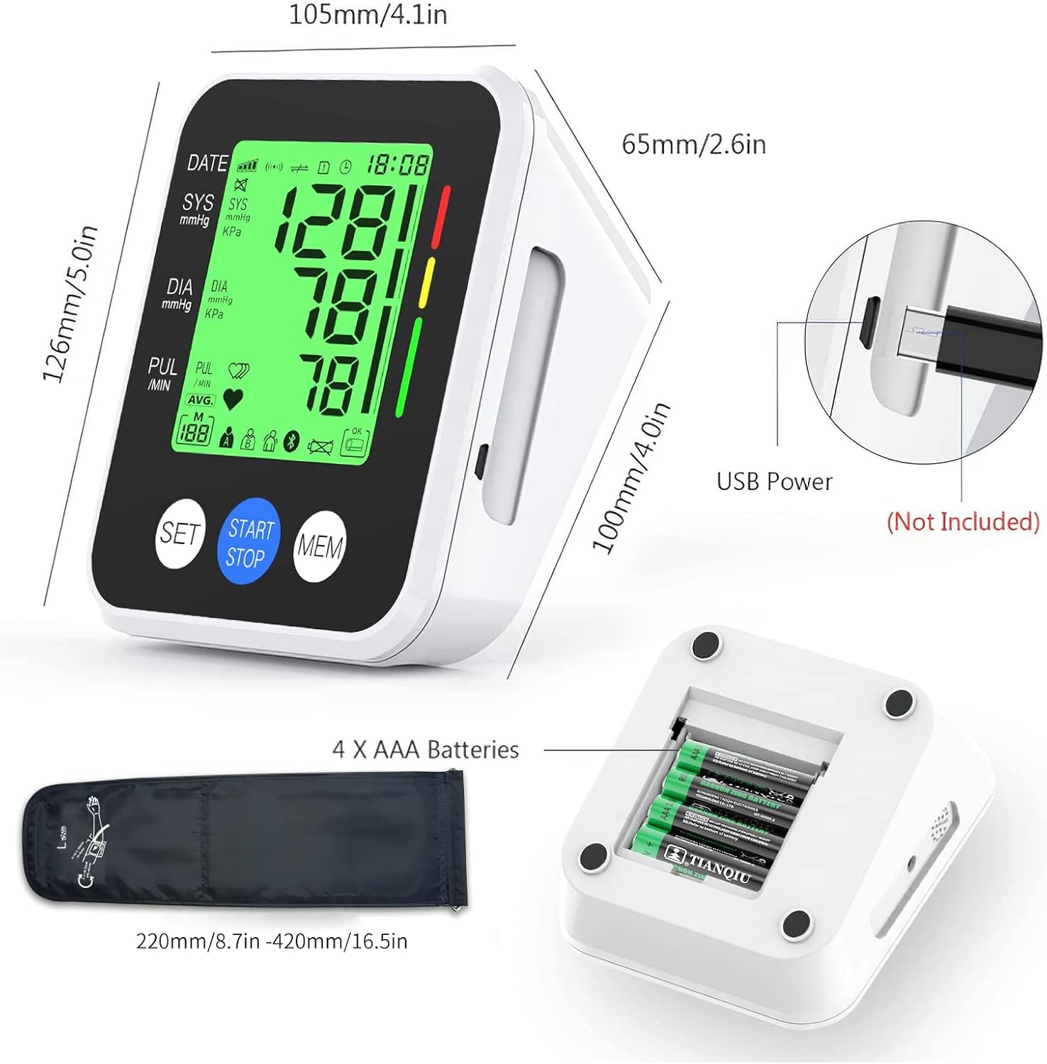 Diagram showing the dimensions of the IVKEY Blood Pressure Monitor, its USB power port, and the battery compartment with four AAA batteries installed.