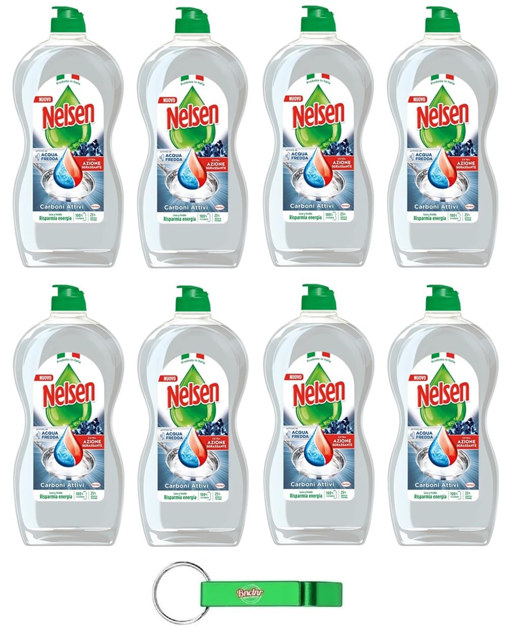 8x Nelsen Carboni Attivi, Detersivo per Piatti - Geschirrspülmittel Aktivkohle - Entfettet gründlich und wirkt erfrischend auf das Geschirr 850ml + Beni Culinari Kostenloser Schlüsselanhänger