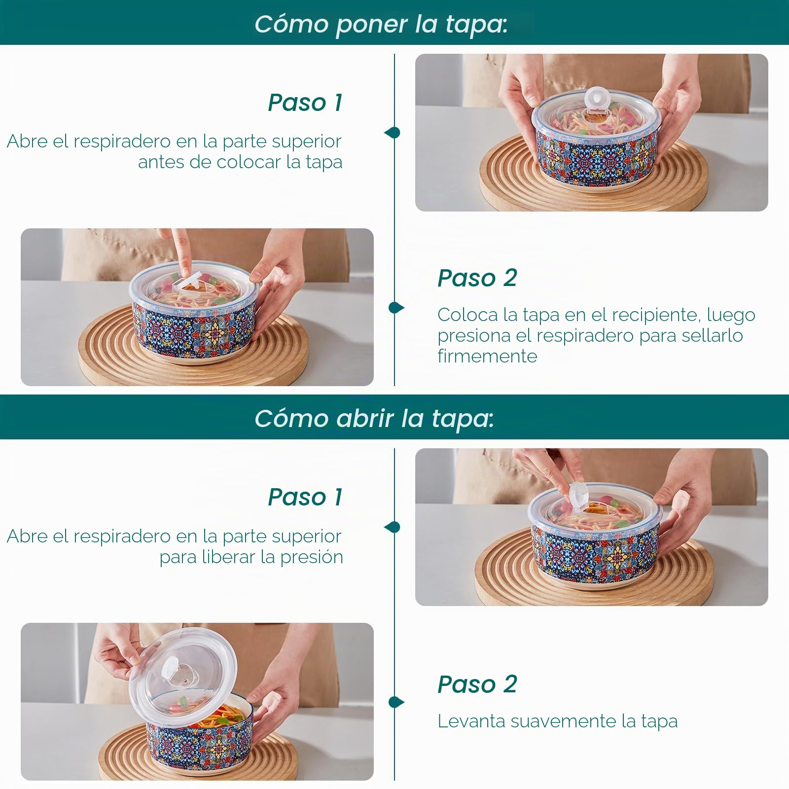 vancasso Juego de 4 Cuencos con Tapas de Porcelana - 300ml/600ml/1080ml/1800ml - Para Pasta, Ensaladas, Sopa y Almacenamiento, Apto para Microondas, Horno y Lavavajillas - Estilo Bohemio