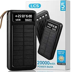 Carregador Solar Portátil Power Bank 20000Mah Painel Solar - Com Cabos Embutidos Display Digital Ideal Para Viagens E Camping (PRETO)