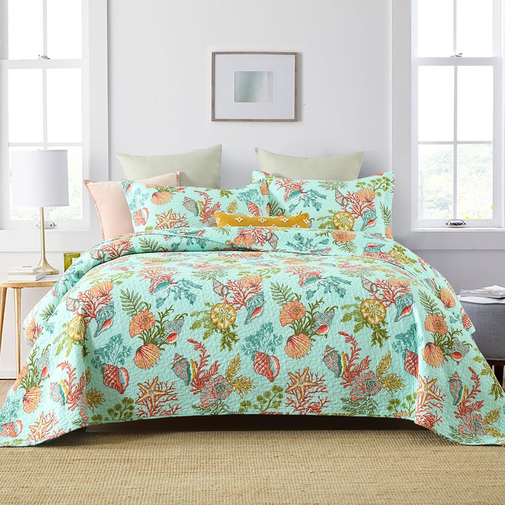 Autumn Dream Cotton Coastal Bedspread Quilt Sets Reversible Bedding Coverlet Sets Comforters, Fairytale Starfish Seashell Bedspread, Marine Green Ocean, King Size-image-21