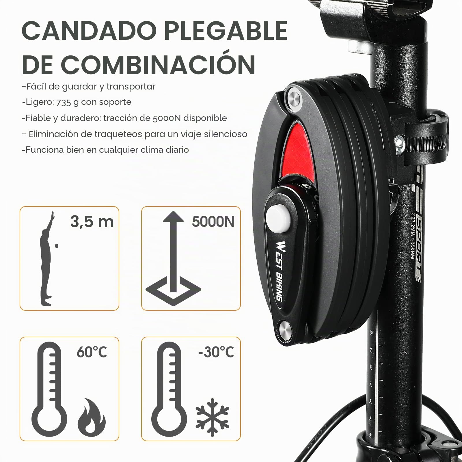 XIQI Candado plegable para bicicleta de alta seguridad, 85 cm de longitud, candado de combinación con soporte, alto nivel de seguridad 10, cerradura de bicicleta para bicicleta de montaña y carretera