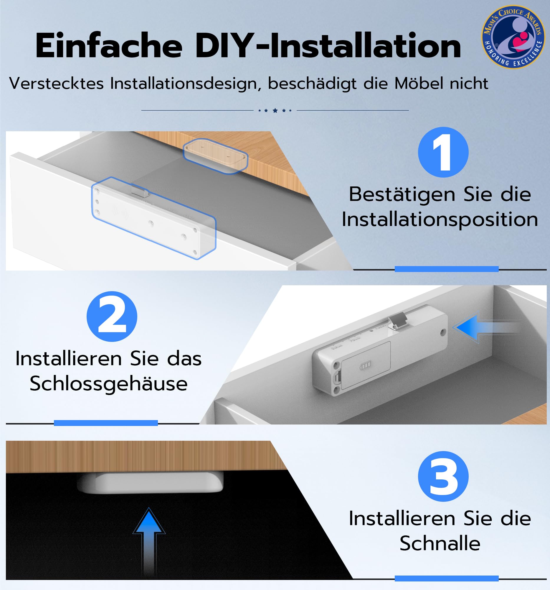 Unsichtbares Schrankschloss mit App & RFID – Bohrerfreie Kindersicherung – 5-in-1 Smart Lock für Schubladen & Schränke (NFC, Bluetooth, Fernzugriff) – Klebemontage, Weiß