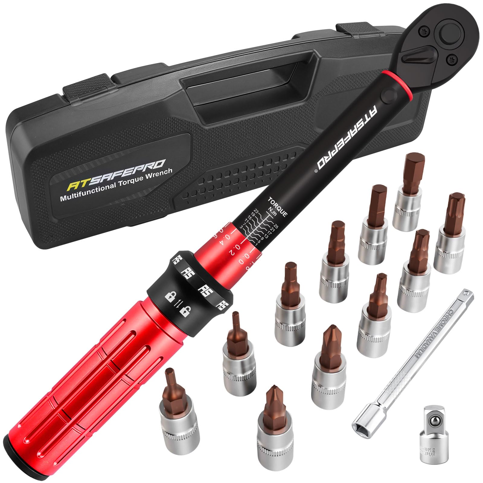 ATsafepro 14-Tlg Klein Drehmomentschlüssel Fahrrad 1–25 NM 1/4'', Drehmoment Schlüssel Auto Set, 72-Zahn-Zweiseitig Verstellbar, Mit Verlängerungsstange, 3/8 Zoll-Adapter Und Steckdosenbits