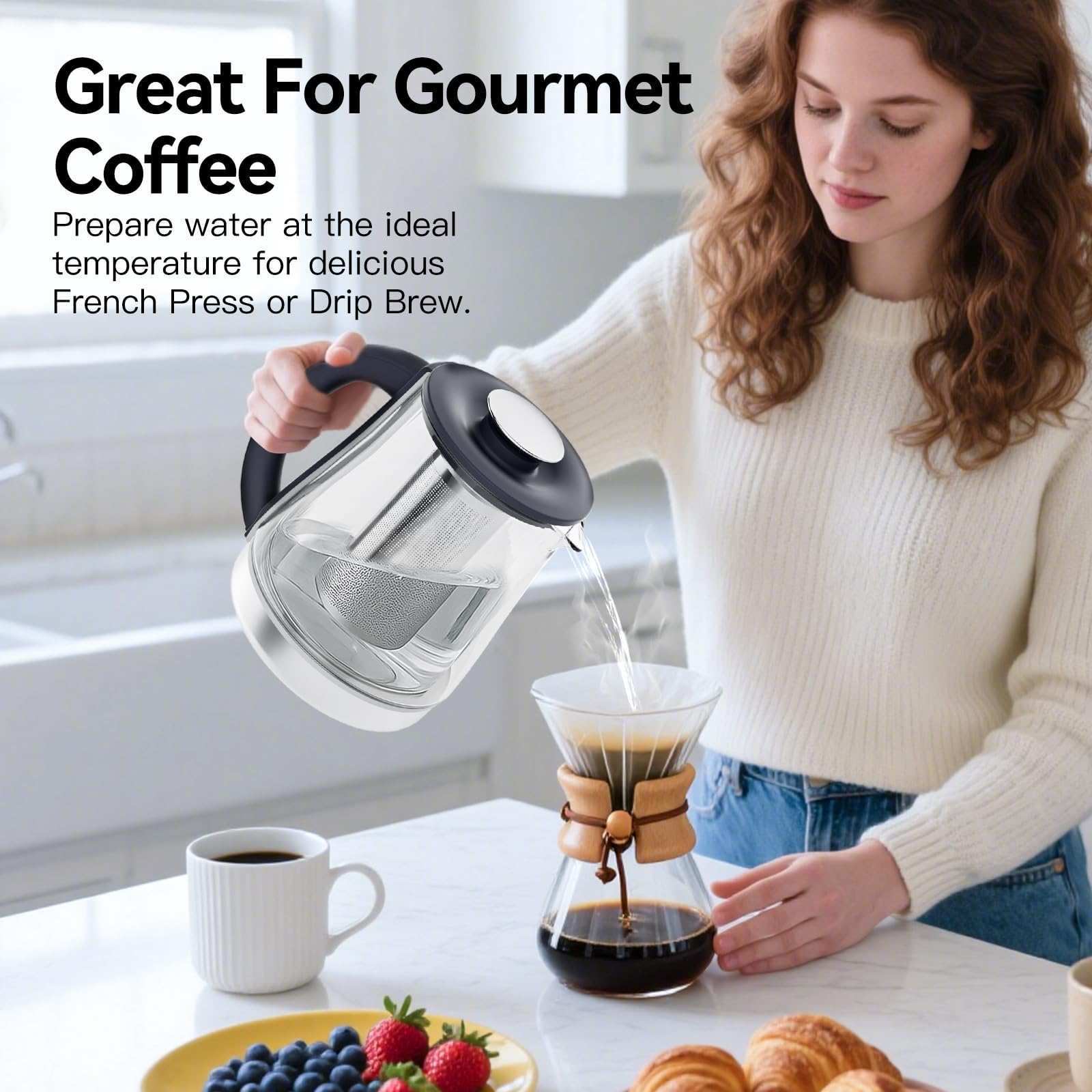 Bollitore elettrico con infusore 1,5 l, 1200 W, con controllo della temperatura, riscaldamento rapido per caffè, tè e acqua calda, senza BPA, facile da pulire, caffettiera elettrica