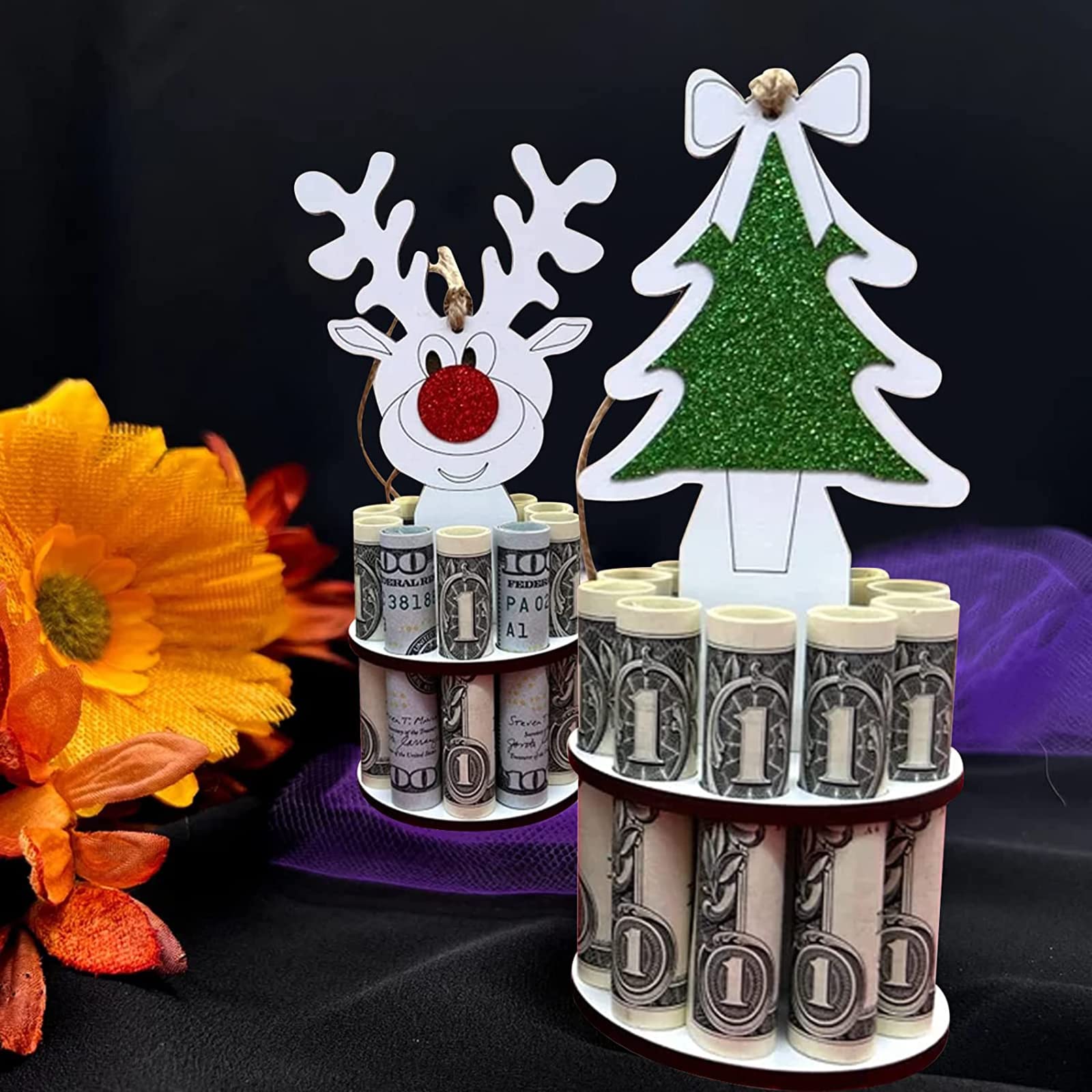 Soporte Para Billetes De Navidad De Madera | Set De 4 (trineo, Reno, Regalo, Luz) | Para Regalar Dinero Y Decorar El árbol