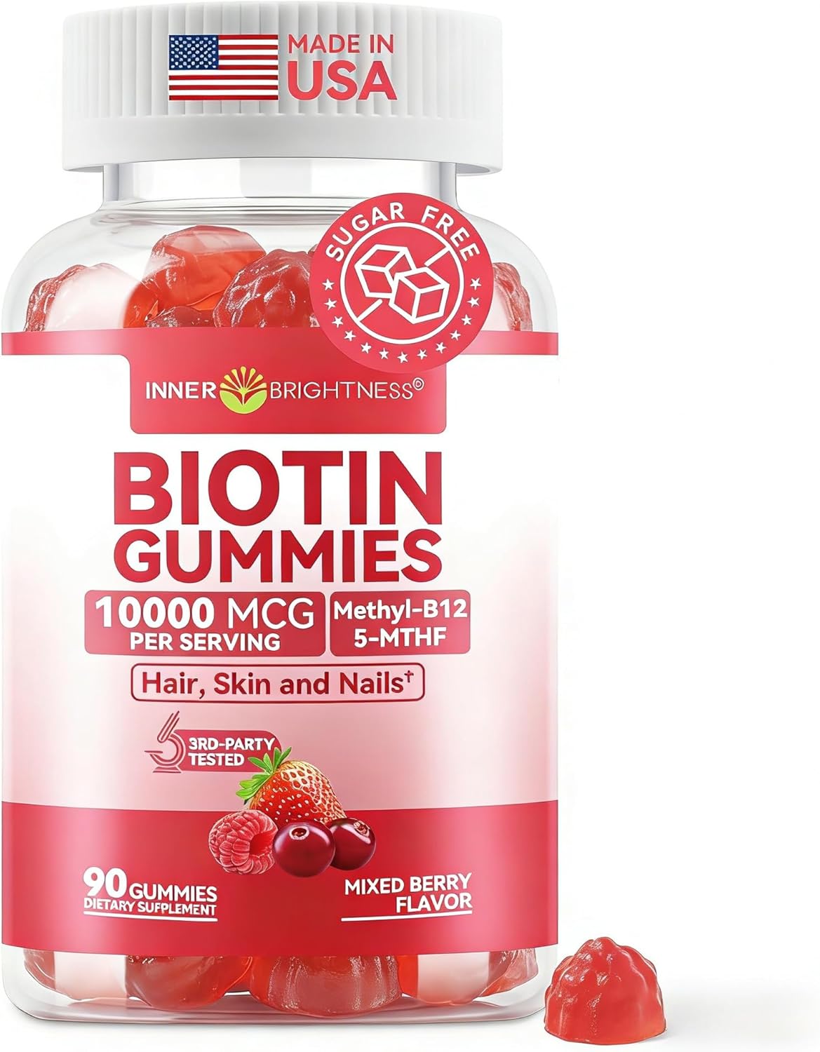 Inner Brightness Biotin Gummies 10,000 mcg – Hair, Skin and Nails Support for Women & Men – with Vitamins C, D3, B6, B12 & Folate – Mixed Berry Flavor, Sugar Free, 90 Count (1 Pack)
