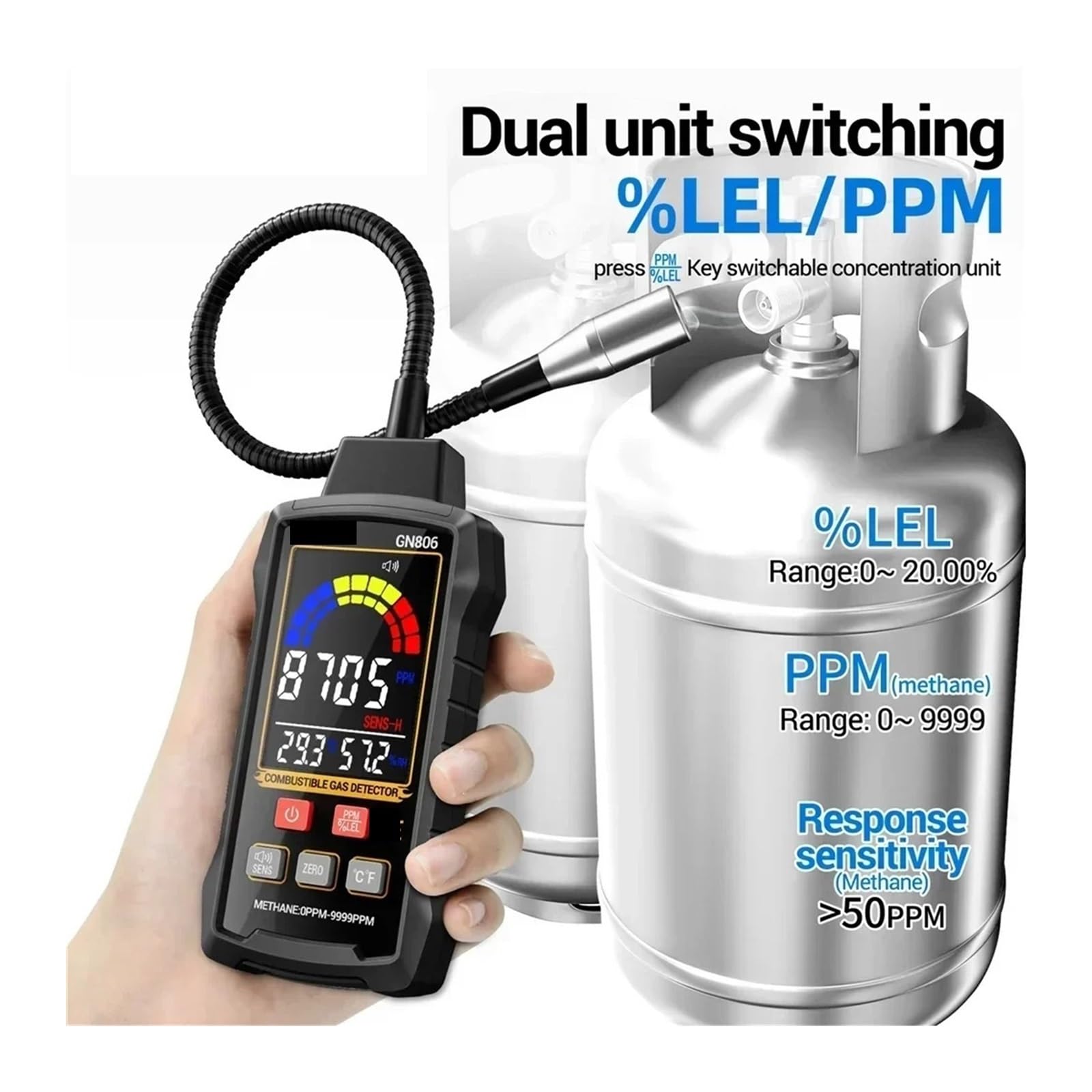 Detector de Gases, Detector de Fugas Gas, analizador, metano, inflamable, 9999 PPM, Combustible Natural, probador, Pantalla LCD, Alarma Sonora y Luminosa, LEL