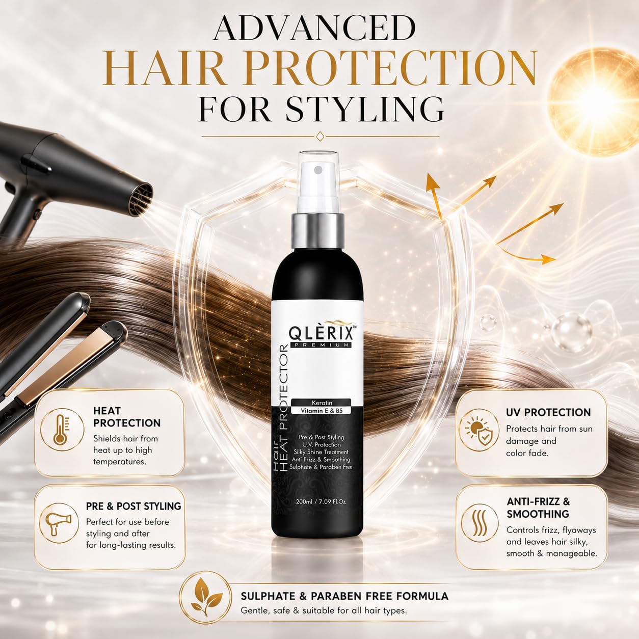 QLERIX Premium Hair Heat Protection Spray - 200ml | Heat Protectant for Women & Men | Straightening, Smoothening, Hair Styling | Frizz Control | Paraben & Sulfate-Free 4