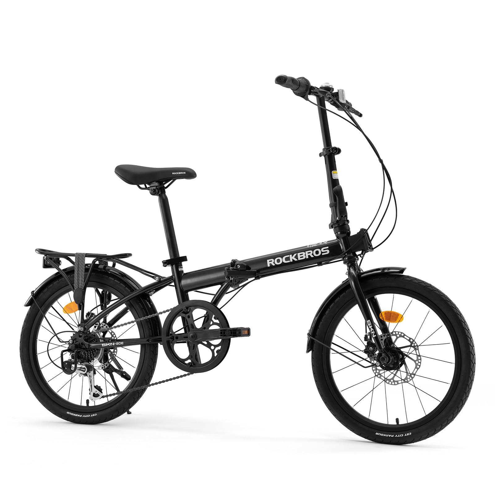 ROCKBROS SKN Vélo Pliant 20 Pouces, Tourney 7 Vitesses, Frein à Disque Mécanique, Cadre Hi-Ten Acier Léger 15,6kg, Vélo de Ville avec Garde-Boue et Porte-Bagage, pour Vélotaf 140–185 cm