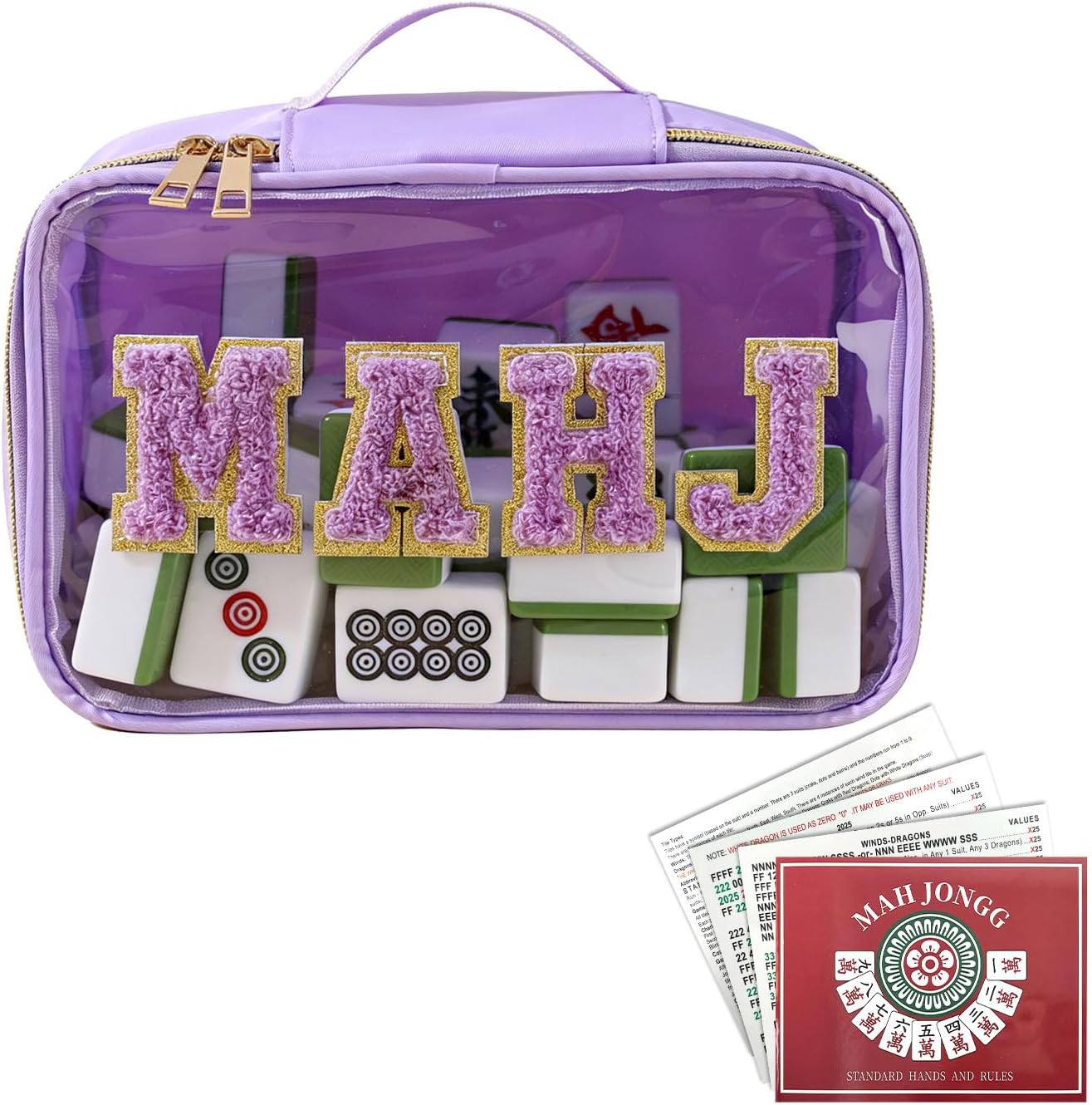 Empty Mahjong Tiles Bag with 4pcs Rule Cards, Suitable for 1.2 "(30mm) Standard Size American Mahjong Tiles, Clear Embroidery Letters Mahjong Tile Bag, Mahjong Case with Handle (Purple)
