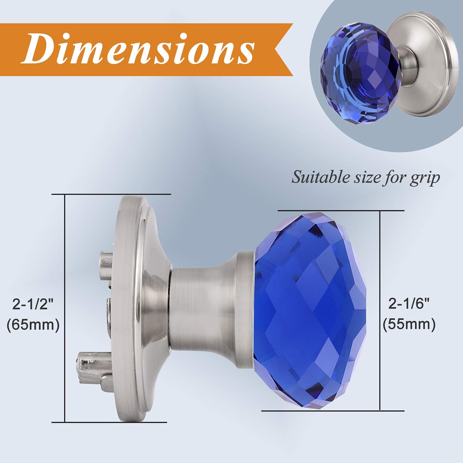 Probrico Heavy Duty Dummy Door Knob for Hallway/Closet 1 Pack, Inactive Half Non-Turning Door Knobs Interior, Blue Diamond Shape Crystal Door Knobs with Brushed Nickel Round Rosette