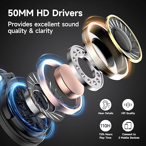 Vista 7 de OneOdio - Auriculares Bluetooth de diadema, 110 horas de sonido estéreo inalámbrico/con cable, auriculares plegables con graves profundos