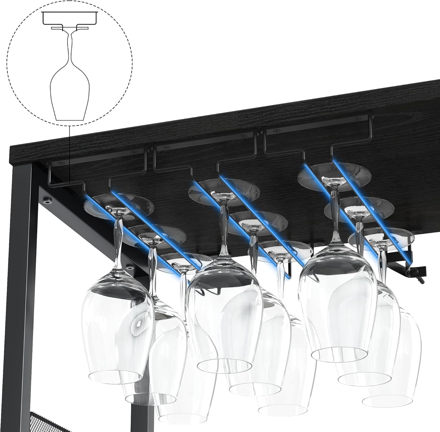 Garvee Armario para Vino Industrial con LED, Mueble Bar con Estante Ajustable 12 Botellas, Soporte para Copas, Puerta de Vidrio y Rejilla Metálica, para Cocina, Comedor o Salón, Negro 69 x 35 x 92 cm