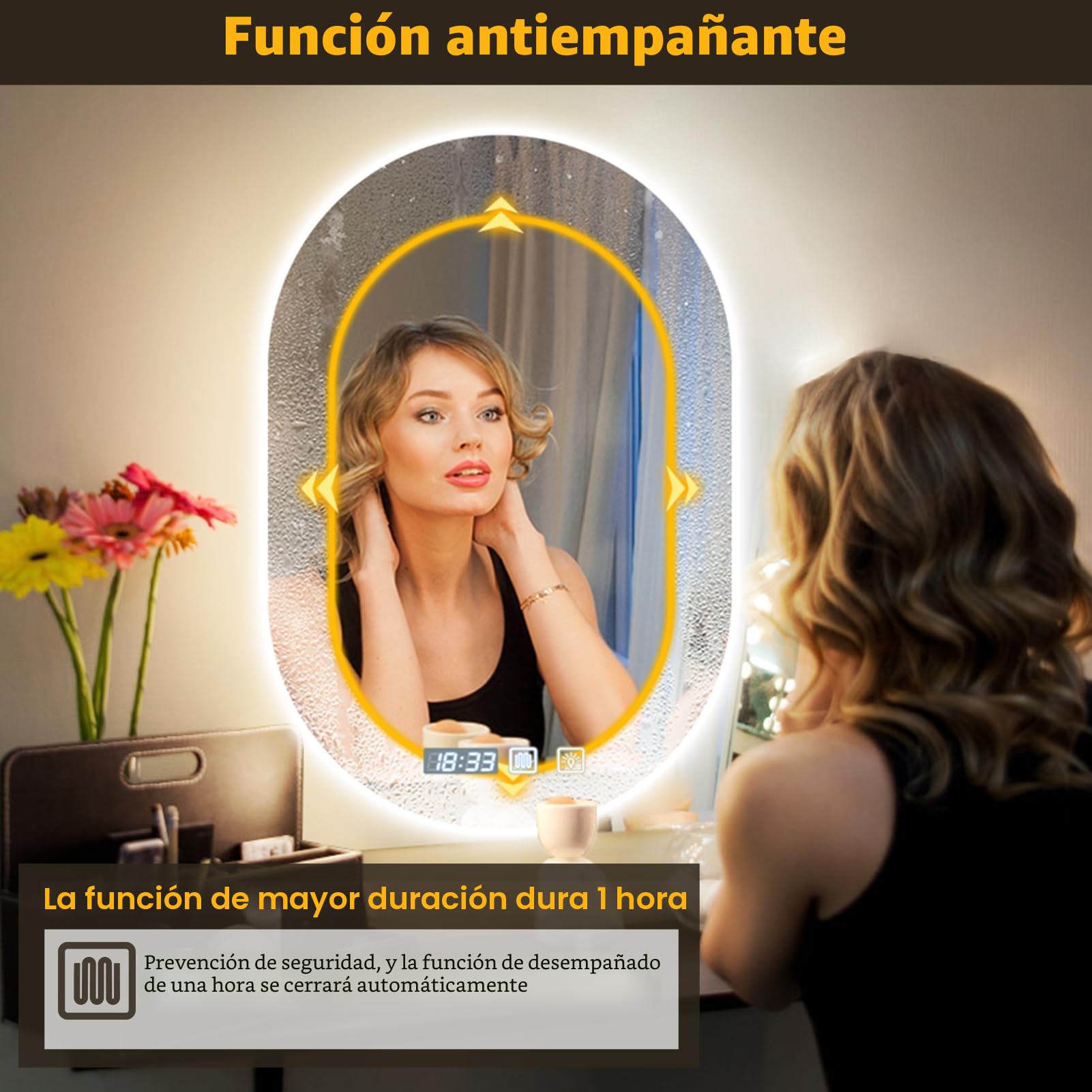Espejo de baño Iluminado con LED 50 x 75 cm, EEspejo baño con luz Regulable de 3 Colores, Función Antivaho, Ajuste de Brillo, Interruptor Táctil, Espejo de Baño con luz LED Retroiluminadas