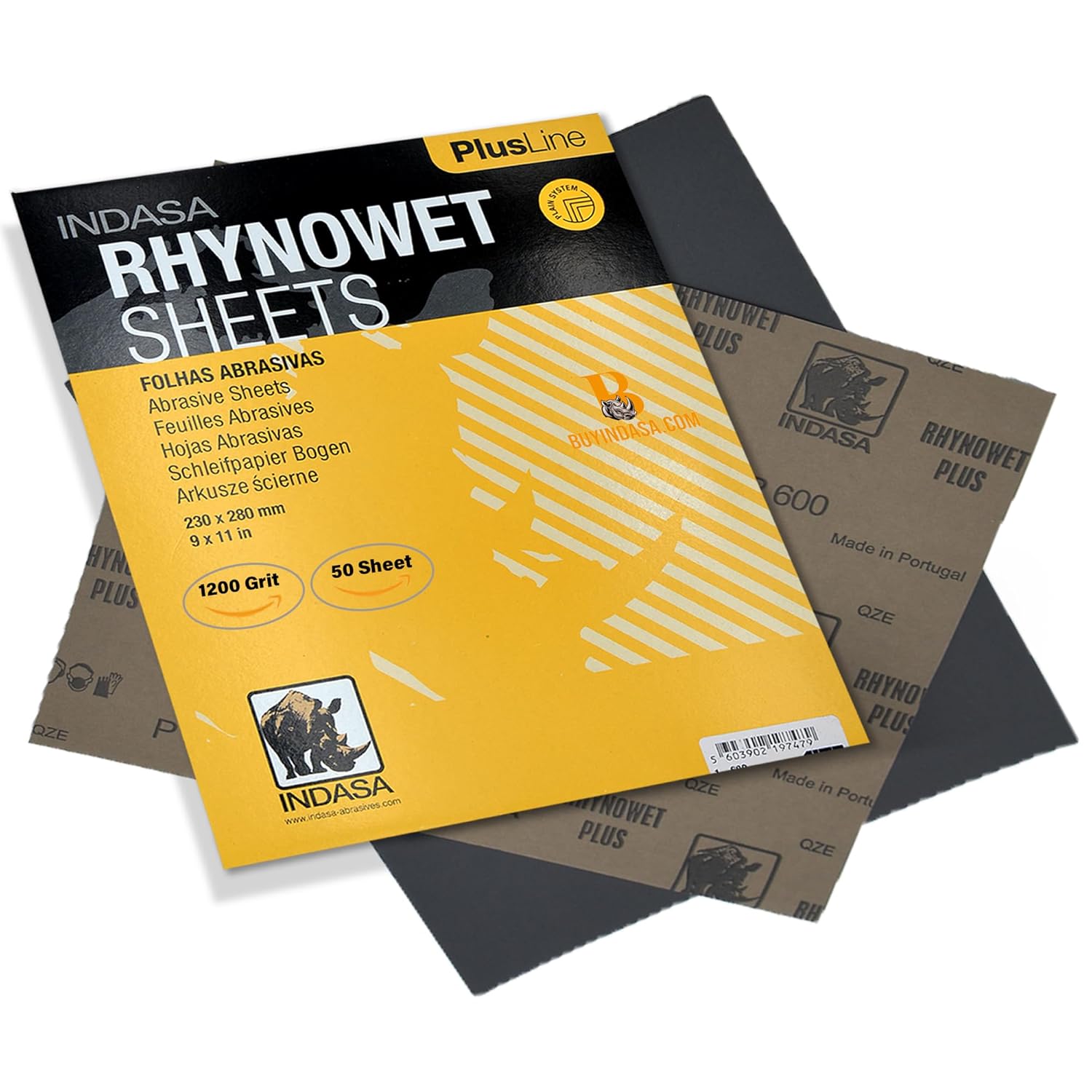 Indasa 50 PCS 9x11” Wet & Dry Sandpaper Sheets, 2500 GRIT, Rhynowet Clog-Resistant Abrasive for Wood, Metal, Auto, Paint & Clear Coat Finishing, Sand Paper Silicon Carbide, Plusline
