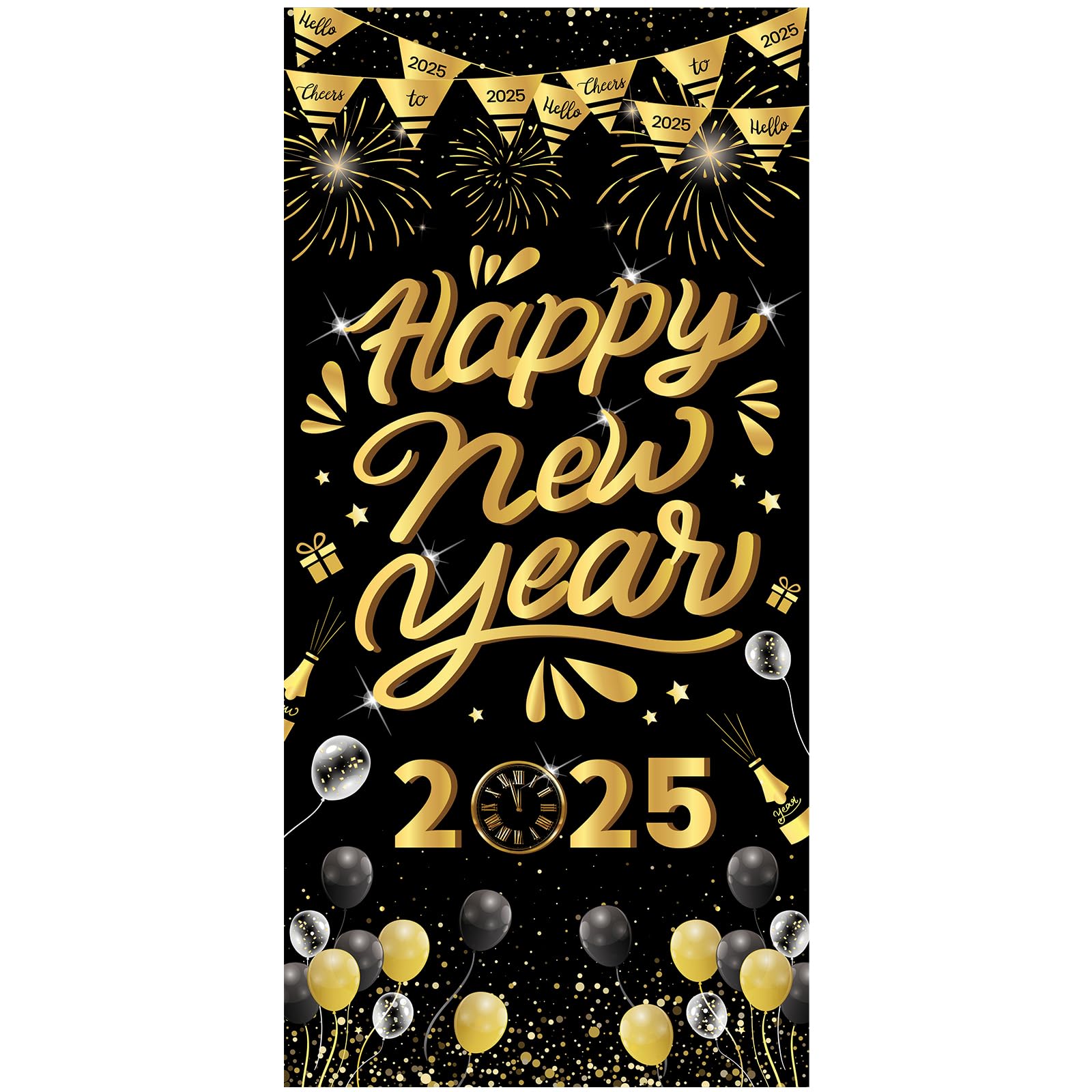 DPKOW Happy New Year Banner for 2025 New Year's Eve Decoration, Fabric Banner for New Years Outdoor Wall Decoration, New Year Door Cover Decoration, Large 2025 New Year Photo Backdrop Poster, 185*90cm