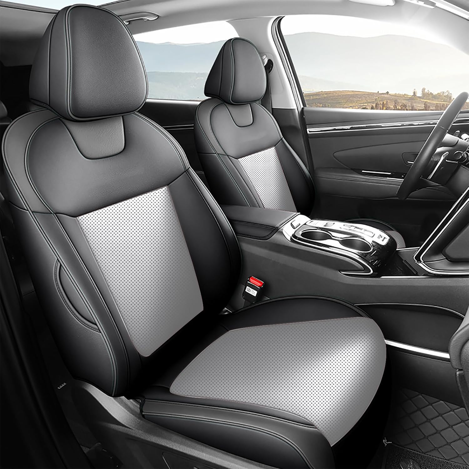 HKZ Custom Fit Leather Seat Covers for Hyundai Tucson Petrol 2022 2023 2024 2025 (XRT,SE,SEL,N Line,Limited) 5-Seats Fulls Set - Black+Grey 2022-2025 Tucson Petrol Black+Gray