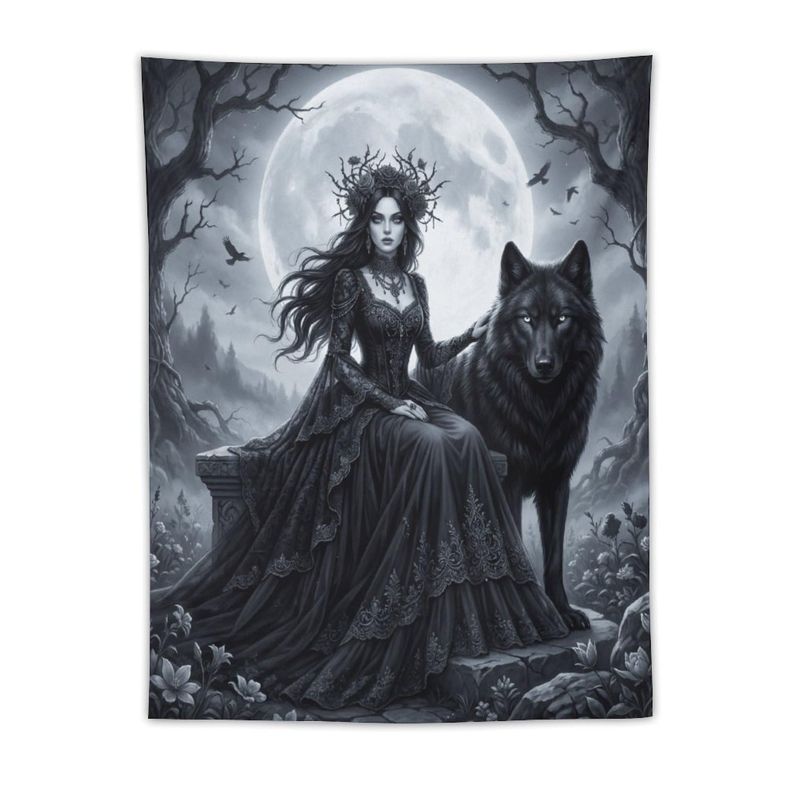 H3B8U2Y5 Moonlit Wolf Queen Wall Tapestry, Realistic Illustration, Backdrop