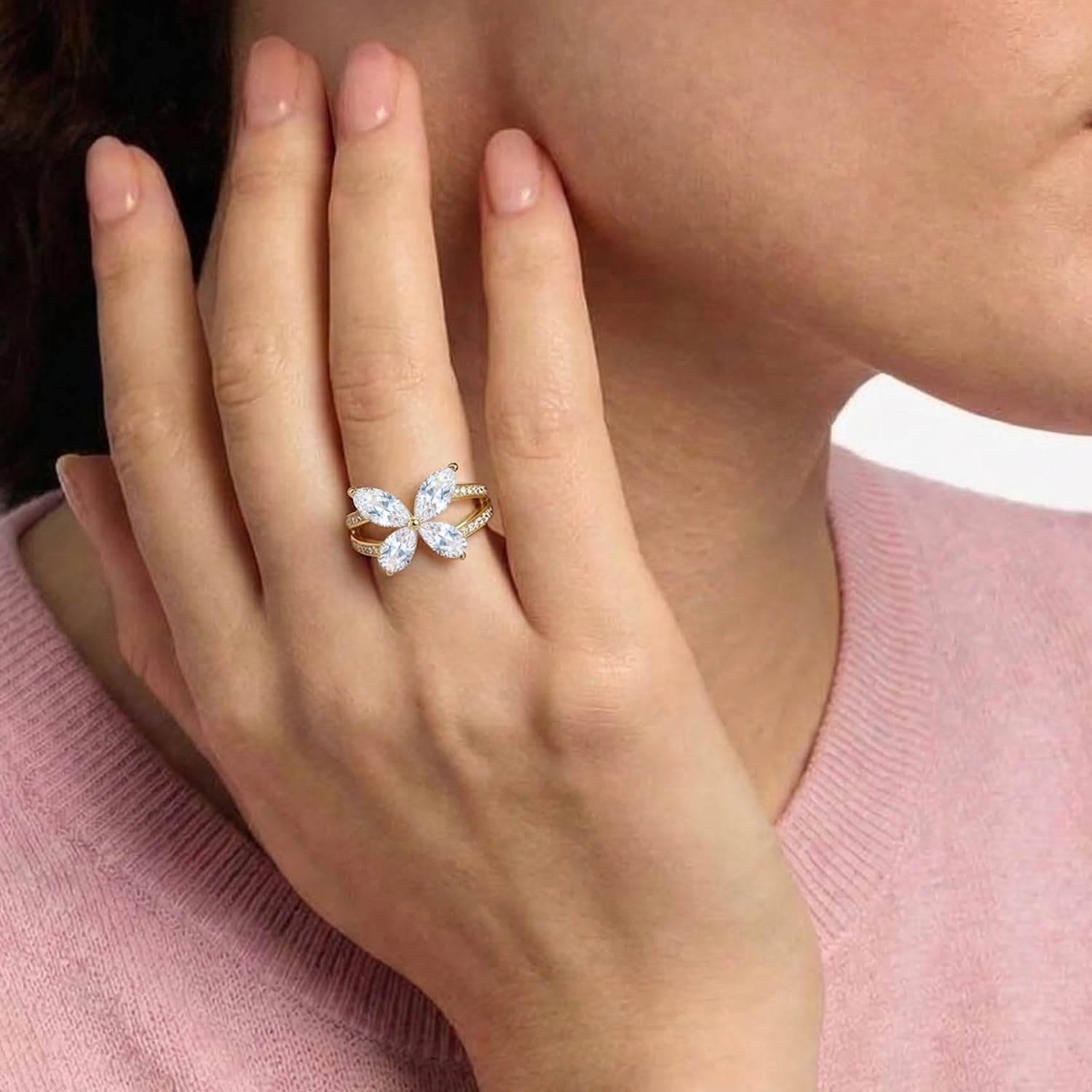 925 Sterling Silver Butterfly Rings for Women,Hypoallergenic 14K Gold Plated Chunky Band Rings With Cubic Zirconia Promise Ring for Her Jewelry Gifts