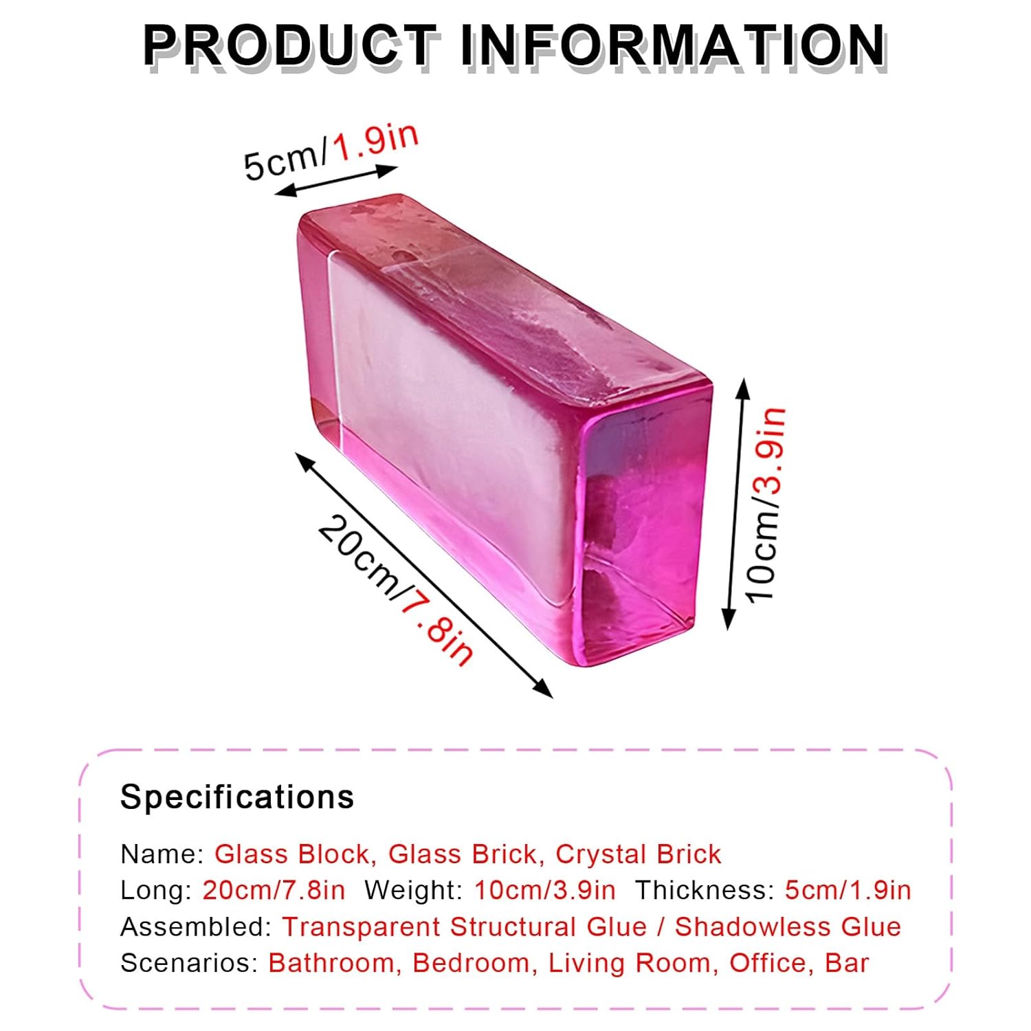 Colored Clear Glass Blocks High Transparency Rectangular Sided Crystal Brick for Office Home Bar Hotels(Pink)