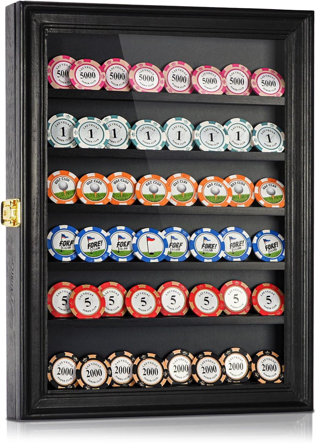 Poker Chip Display Case, 5-Tier 16x12x3in Wood Casino Chip Display Stand for 60 Chips, Black Golf Poker Chip Display Frame and Wall Hanging Rack, Elegant Home Decor Accents for Collectors