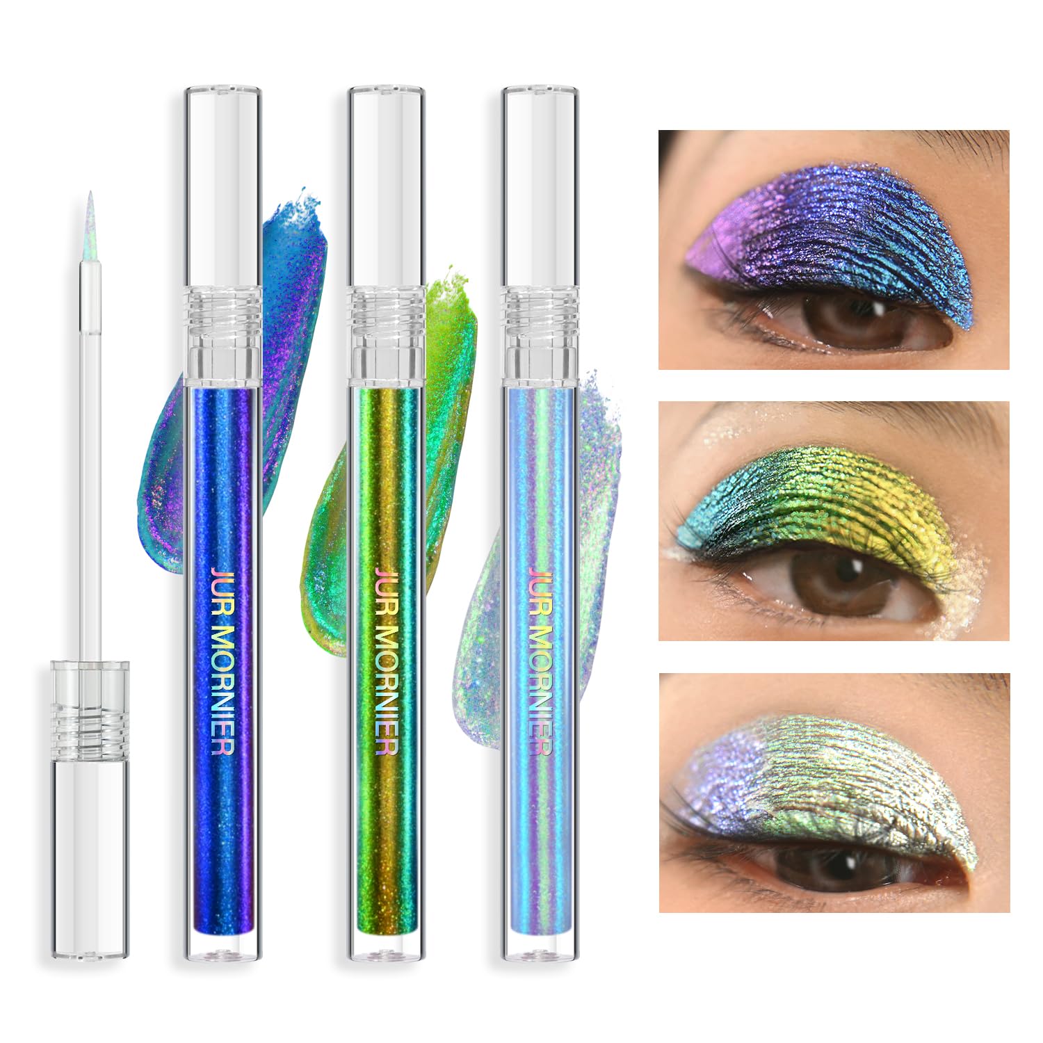 JUR MORNIER Multichrome Liquid Eyeshadow Set, 3 Colors Multi-Dimensional Eye Liner Makeup, High Pigment Waterproof Metallic, Ultra Fine Tip Glitter (104+105+106)