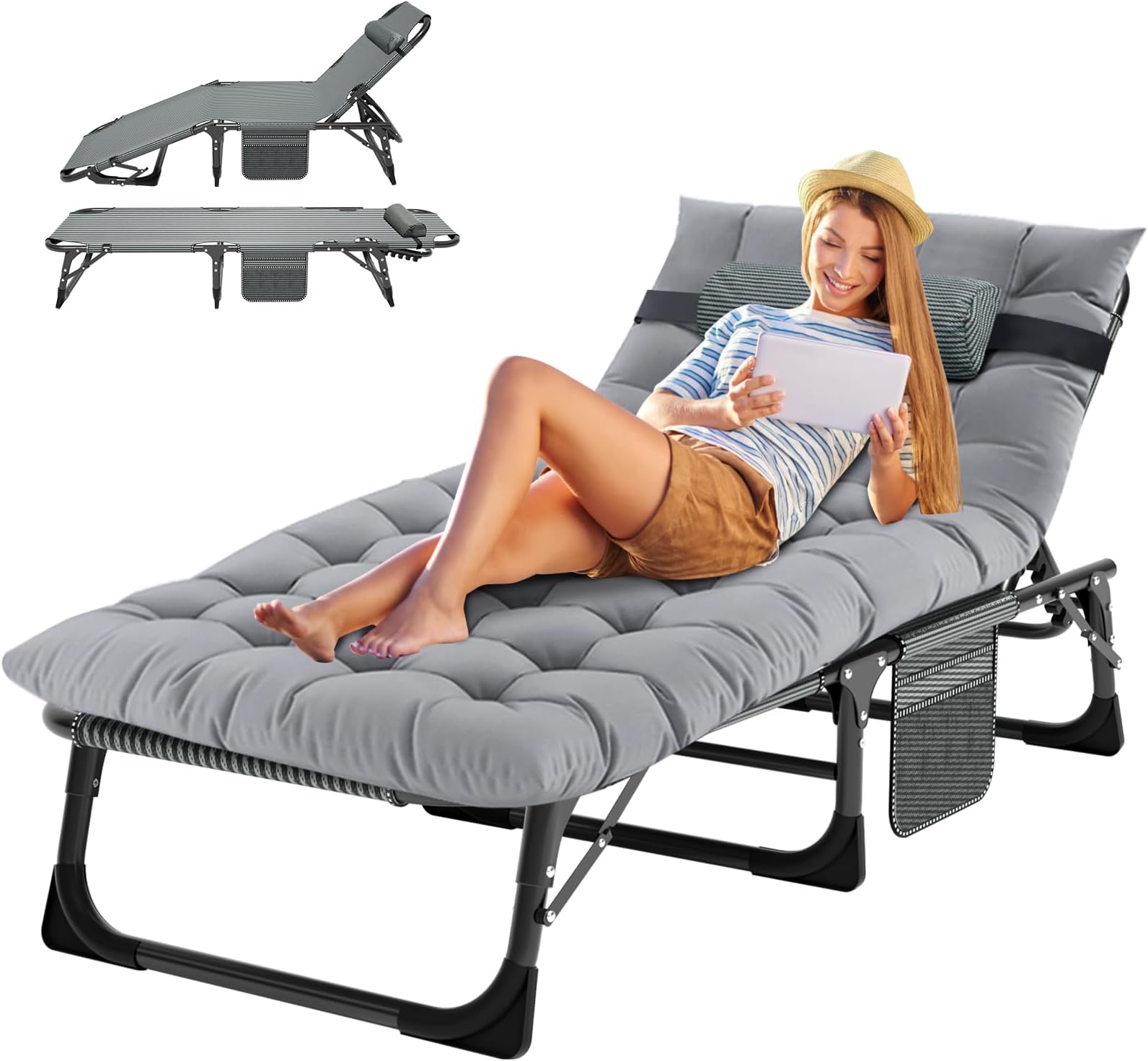 MOPHOTO Sun Lounger for Garden, Heavy Duty sun loungers chair with padded and Headrest, guest bed,office bed,folding garden chairs Perfect for camping(Green+Grey)