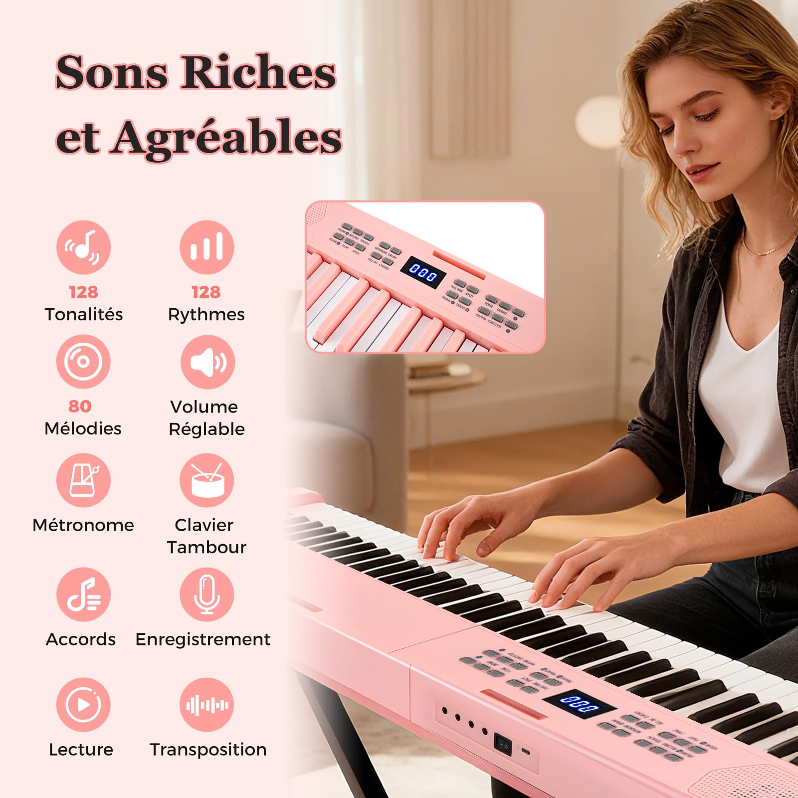 DREAMADE Piano 61 Touches Pliable, Clavier Électronique avec Fonction MIDI, Casque&Pédale de Sustain, Piano Numérique Portable avec Sac de Transport pour Débutants (Rose)