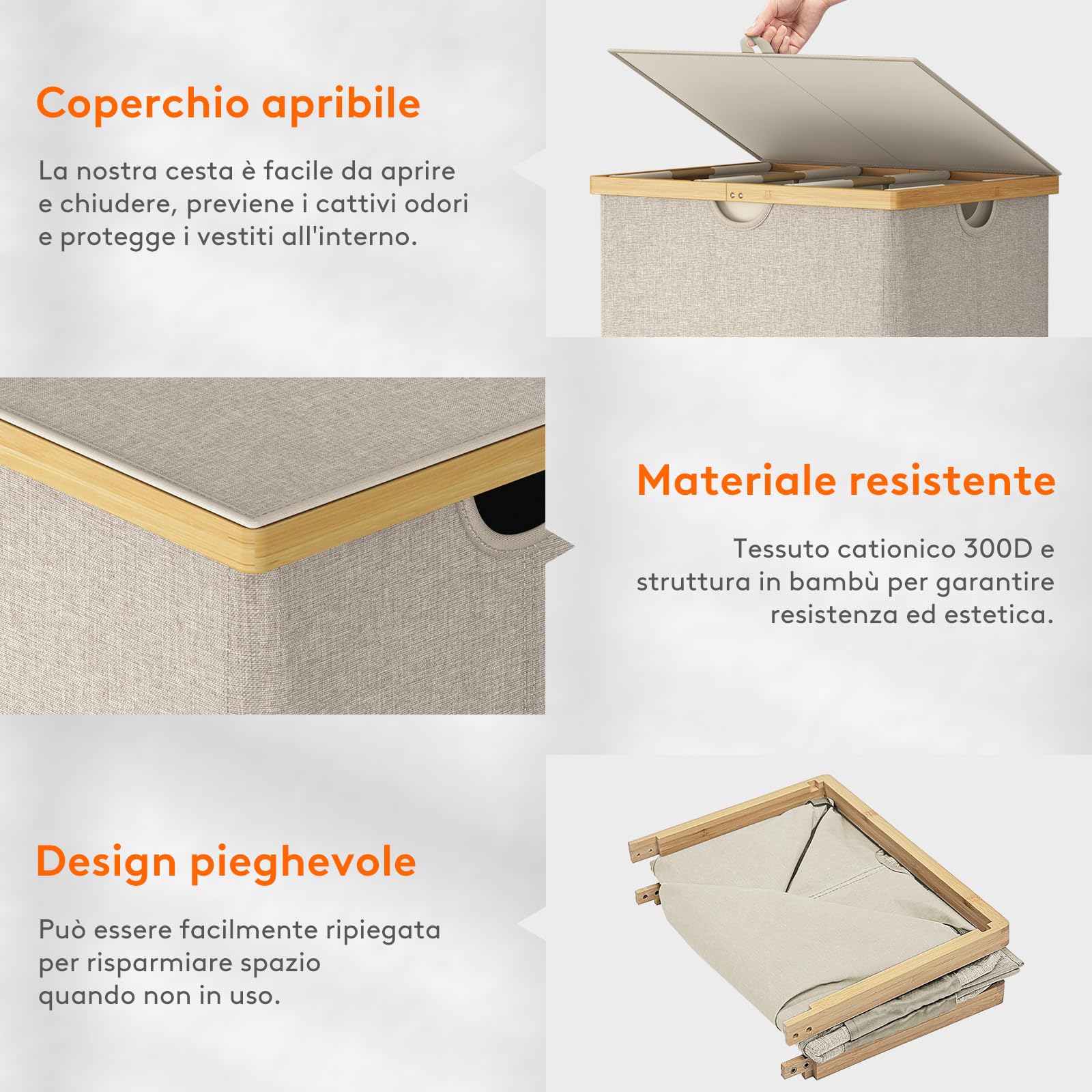 Lifewit 170 L Cesto Portabiancheria in Bambù, Grande Portabiancheria Sporca con Coperchio, Cesta Biancheria Pieghevole con Sacchi Rimovibili per Camera, Bagno, Lavanderia, Beige