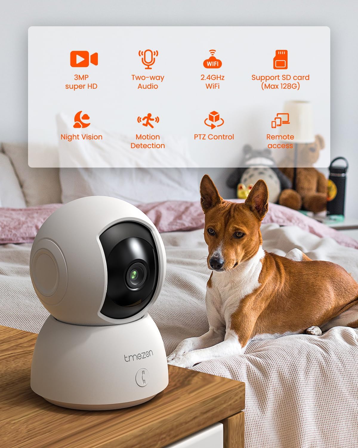 TMEZON camera next to a dog, with icons illustrating features like 3MP HD, two-way audio, 2.4GHz WiFi, SD card support, night vision, motion detection, PTZ control, and remote access.