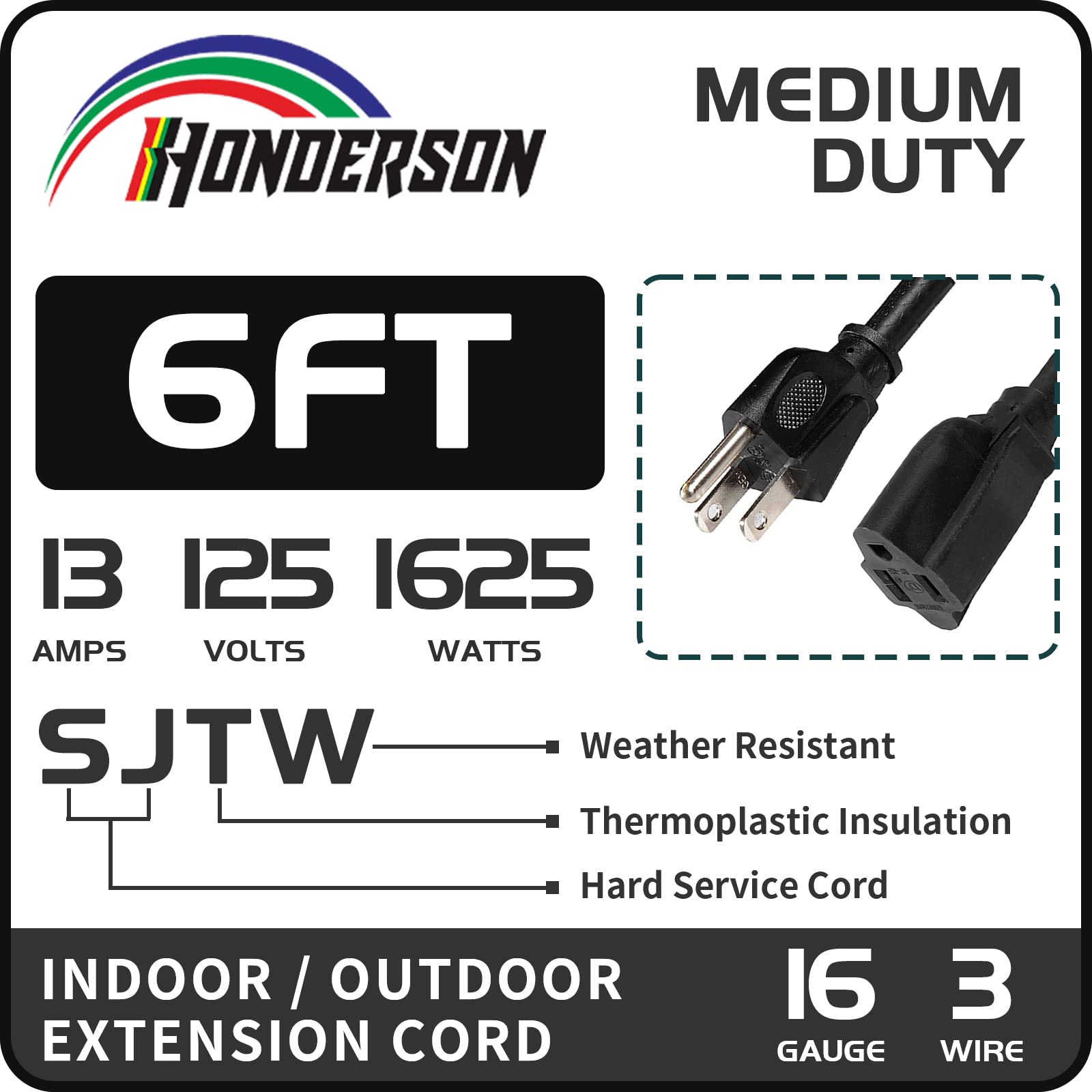 6FT Outdoor Extension Cord-16/3 SJTW Durable Black Extension Cable with 3 Prong Grounded Plug for Safety
