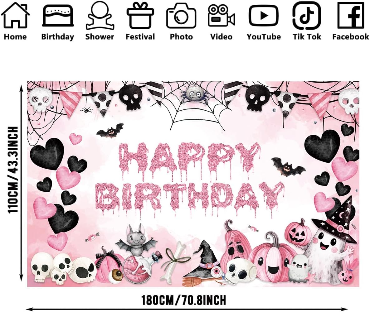 Halloween Birthday Banner Decorations Party Backdrop Pink image 2