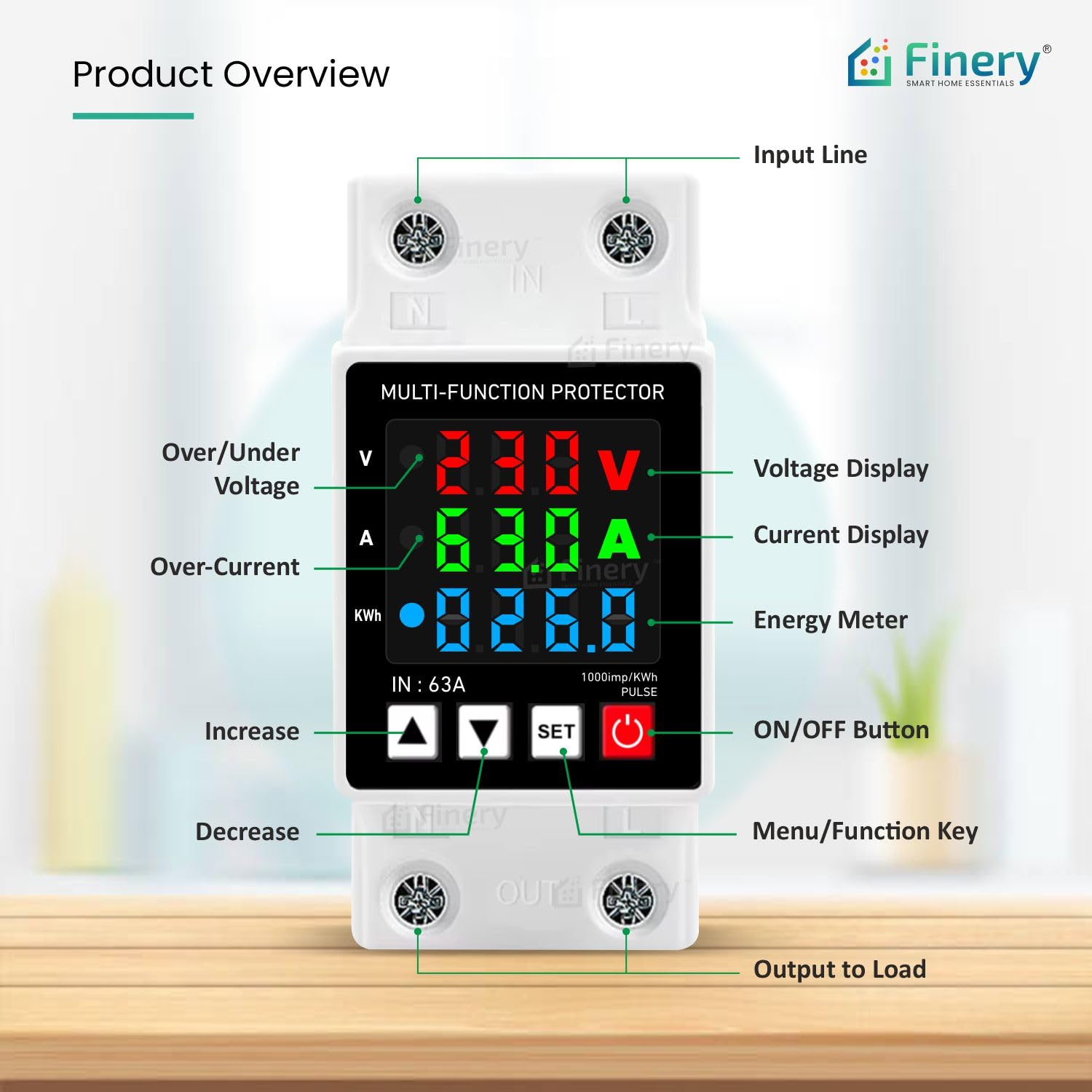 Finery Non-WiFi 63A Over Voltage Under Voltage Protection and Over Load Protection Corded Electric Digital Energy Meter with Delayed Start Din-Rail Mounted Single Phase 220V (13.8kW), White - Image 4 thumbnail