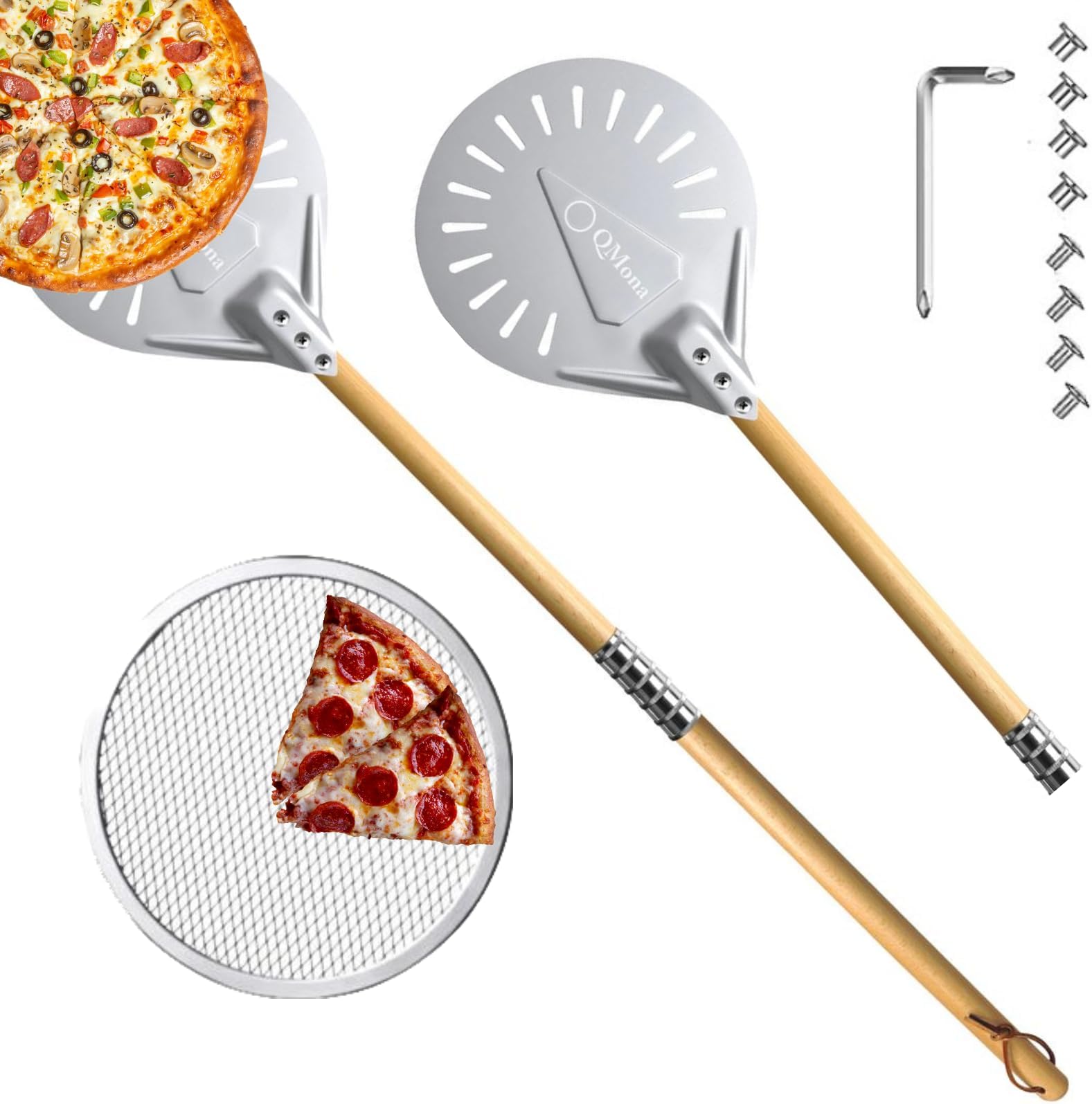 QMona Pizza paddle 9-inch Pizza Turner, Turning Peel & Pizza Screen - Aluminum Peel Spinner, Detachable Long Wooden Handle, Baking Supplies, Essential Oven Tool Accessories for Homemade Pizzas!