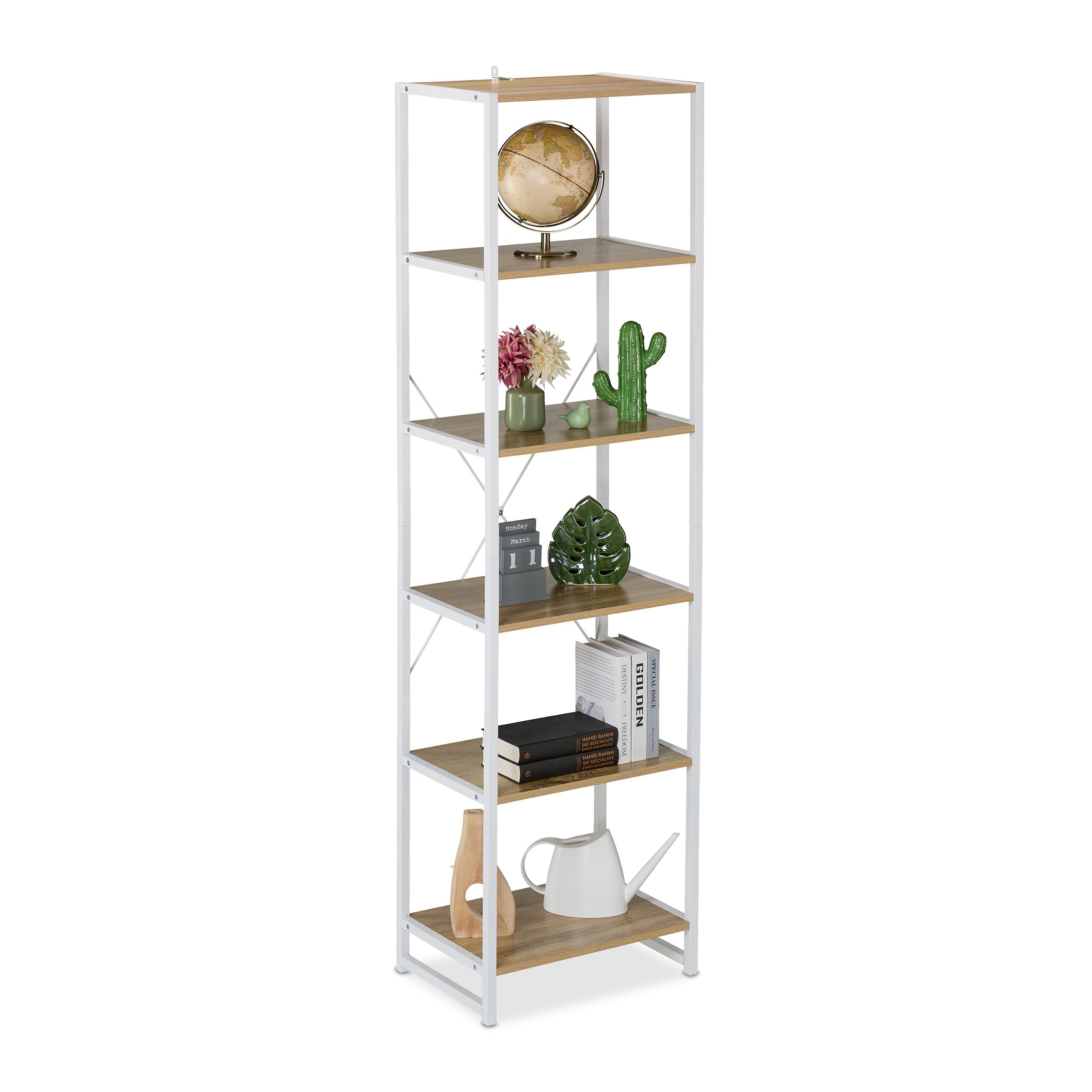 Relaxdays Scaffale Libreria in Stile Scandinavo, 6 Ripiani, Mobile da Salotto o Cucina, HLP 180x50x35 cm, Bianco Marrone