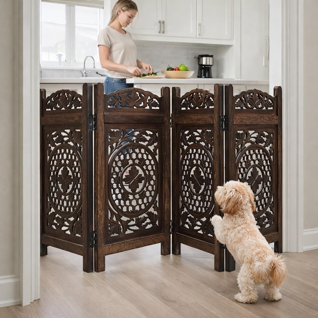 Pet Gate Indoor Foldable in Raise Wood-4 Panel Dog Safety Gate, 56" W x 28" H, Hand-Carved Solid Wood & MDF,Free Standing Portable Indoor Gate for Doorways,Halls, Stairs-Fully Assembled,Burnt